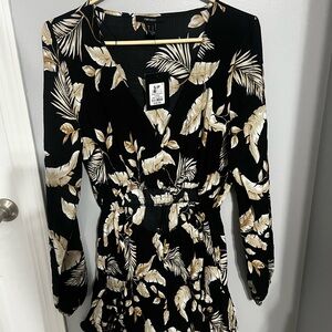 Urban Planet Black and Cream Fit and Flare Dress with Long Bishop Sleeves